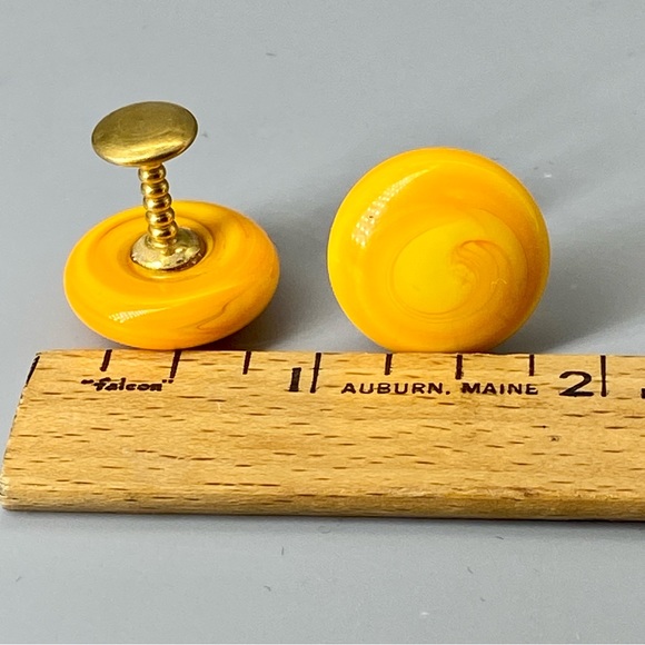 Vintage Art Glass Cuff Links Orange Yellow Swirls Handmade Blown Glass - Picture 15 of 15